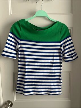 Ralph Lauren Green Yoke Navy & White Striped Short Sleeve Top